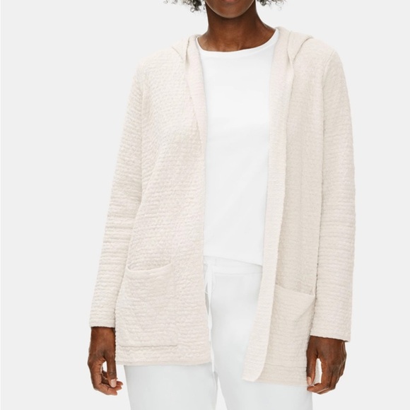 Eileen Fisher Organic Cotton Linen Slub Hooded Cardigan in Bone Cream White XS - Picture 2 of 10